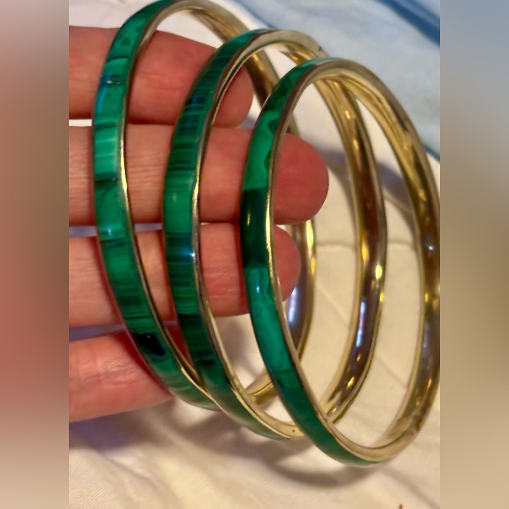 3 Rare Fine Vintage Inlaid Malachite Brass Bangle-1970s